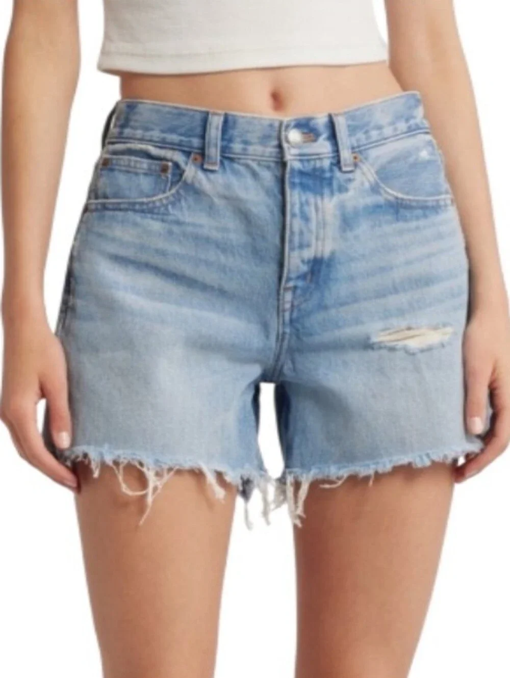 NWT Madewell The Brynn Long Short Light Wash Denim Cutoff Distressed Shorts